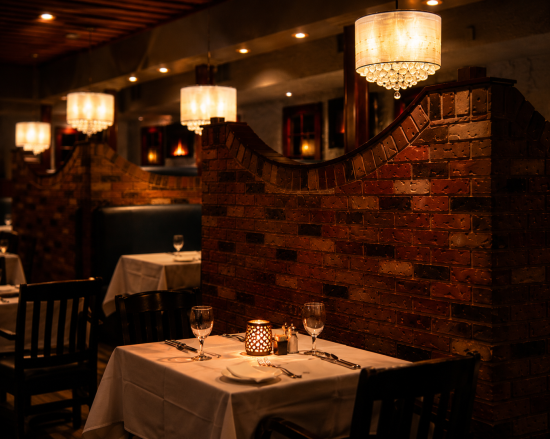 Warm, intimate dining room with candlelit tables, brick partitions, dark wood finishes.